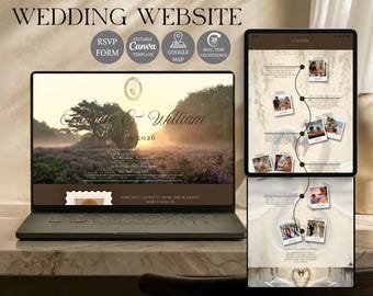 Plantilla web para bodas de la vieja aristocracia con confirmación de asistencia / Estilo vintage / Diseño de invitación editable en Canva