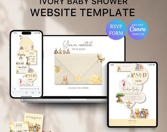 Winnie The Pooh Baby Shower Website with RSVP | Ivory Baby Shower | Editable Canva Template