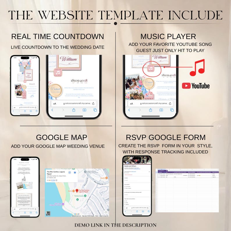 May include: An advertisement for a wedding website template. The image showcases features including a real-time countdown, a music player with a YouTube link, a Google Map integration, and an RSVP Google Form. The text includes "THE WEBSITE TEMPLATE INCLUDE" and "DEMO LINK IN THE DESCRIPTION."