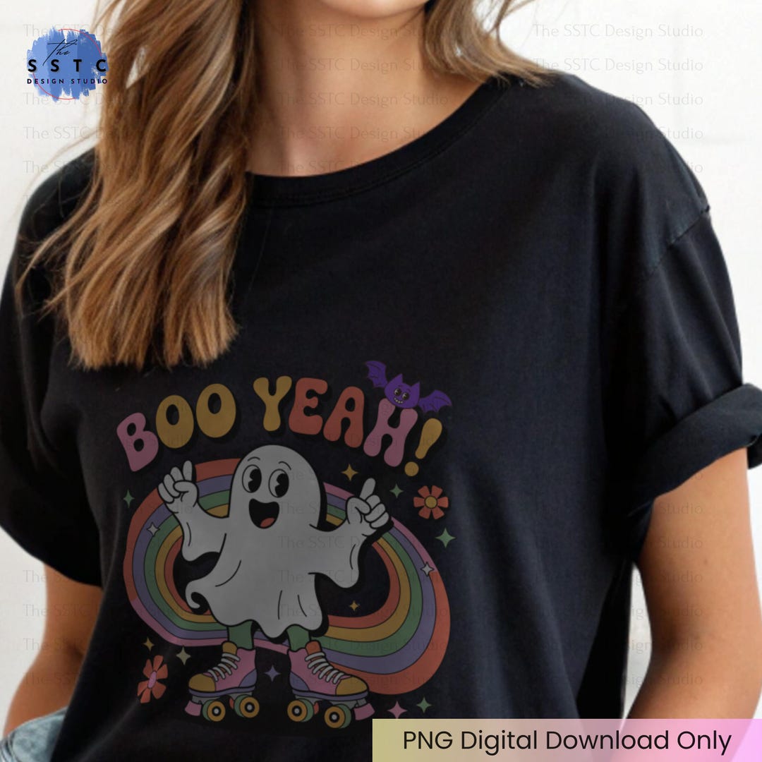 Boo Yeah Ghost PNG, Funny Retro Halloween Roller Skate, Rainbow Groovy ...