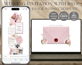 Soft Pink Wedding Website Template with RSVP | Editable Canva Invitation Design (Digital Download)