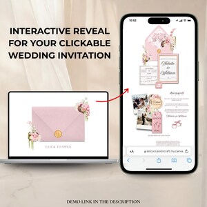 May include: A digital wedding invitation design displayed on a laptop and a smartphone. The invitation features a pink envelope with floral accents, a gold seal, and the text "Click to Open". The smartphone shows the invitation's interactive elements.
