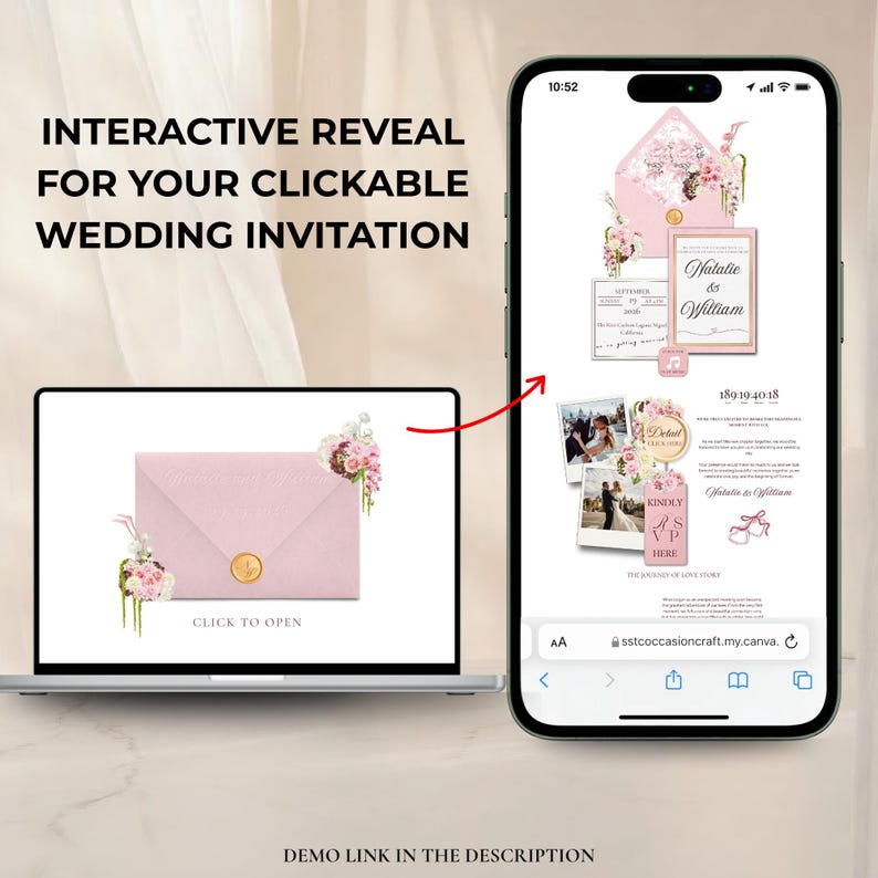 May include: A digital wedding invitation design displayed on a laptop and a smartphone. The invitation features a pink envelope with floral accents, a gold seal, and the text "Click to Open". The smartphone shows the invitation's interactive elements.