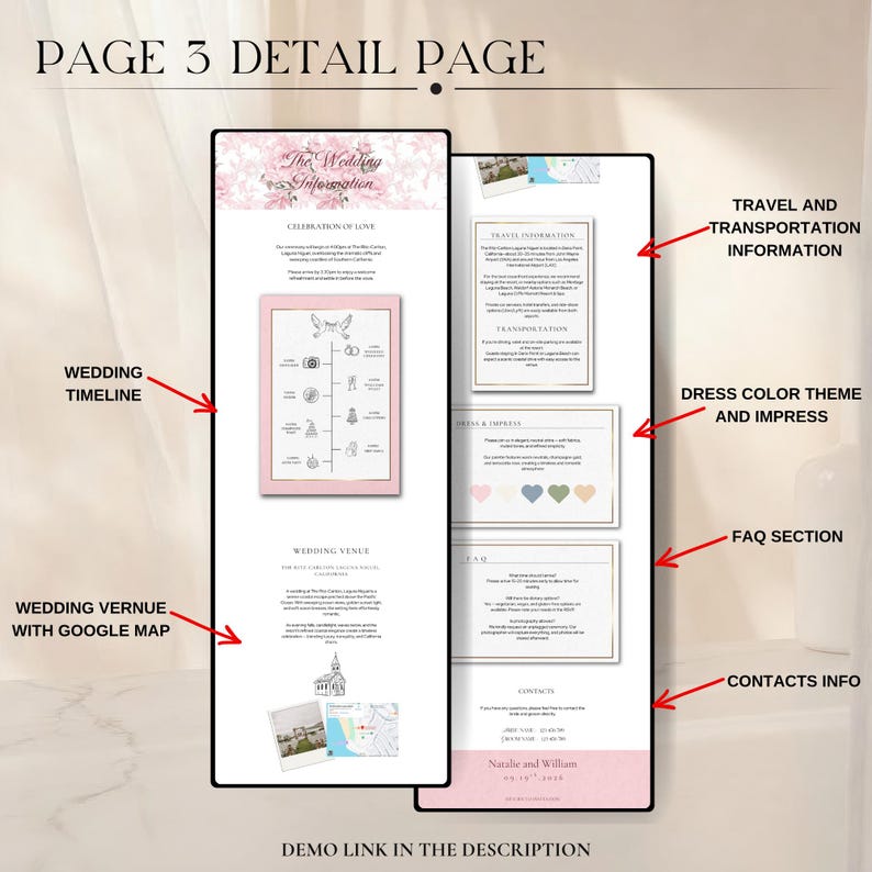 May include: A digital wedding information page with a pink floral header. The page includes sections for the wedding timeline, venue with a Google map, travel information, dress colour theme, FAQ, and contact details.
