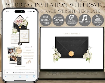 Black & Gold Wedding Website Template with RSVP | Editable Canva Invitation Design  (Digital Download)