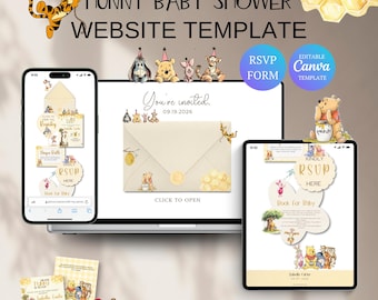 Winnie The Pooh Baby Shower Website with RSVP | Hunny Baby Shower | Editable Canva Template