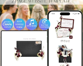 Black & Burgundy Save the Date Website Template with RSVP | Editable Canva Invitation Design (Digital Download)