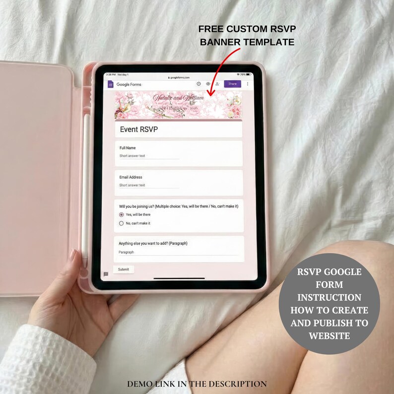 May include: A pink tablet showing a Google Forms RSVP template with fields for name, email, and event details. Text overlay reads "FREE CUSTOM RSVP BANNER TEMPLATE" and "RSVP GOOGLE FORM INSTRUCTION HOW TO CREATE AND PUBLISH TO WEBSITE."