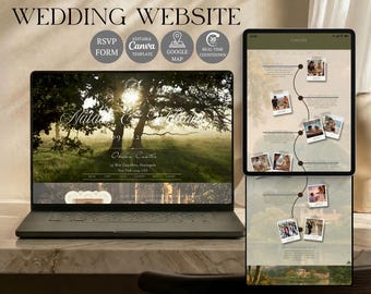 Plantilla web para bodas de estilo clásico con confirmación de asistencia / Estilo vintage / Diseño de invitación editable en Canva