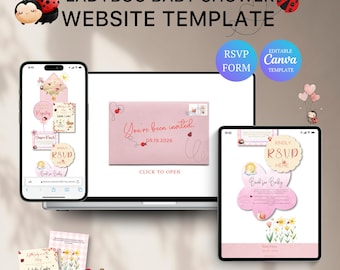 Website lieveheersbeestje babyshower met reactie | Roze babyshower | Bewerkbare canvassjabloon