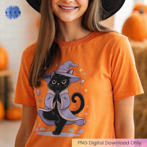 Witch Cat Yoga PNG – Cute Black Cat in Tree Pose, Pastel Halloween Meditation Clipart, Magical Spiritual Sublimation Design
