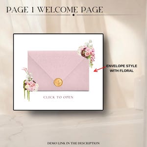 May include: A pale pink envelope with a gold seal and floral decorations. The text "Officiate and Officiant" and "05.19.2026" are embossed on the envelope. The words "CLICK TO OPEN" are at the bottom. The image is labeled "ENVELOPE STYLE WITH FLORAL".