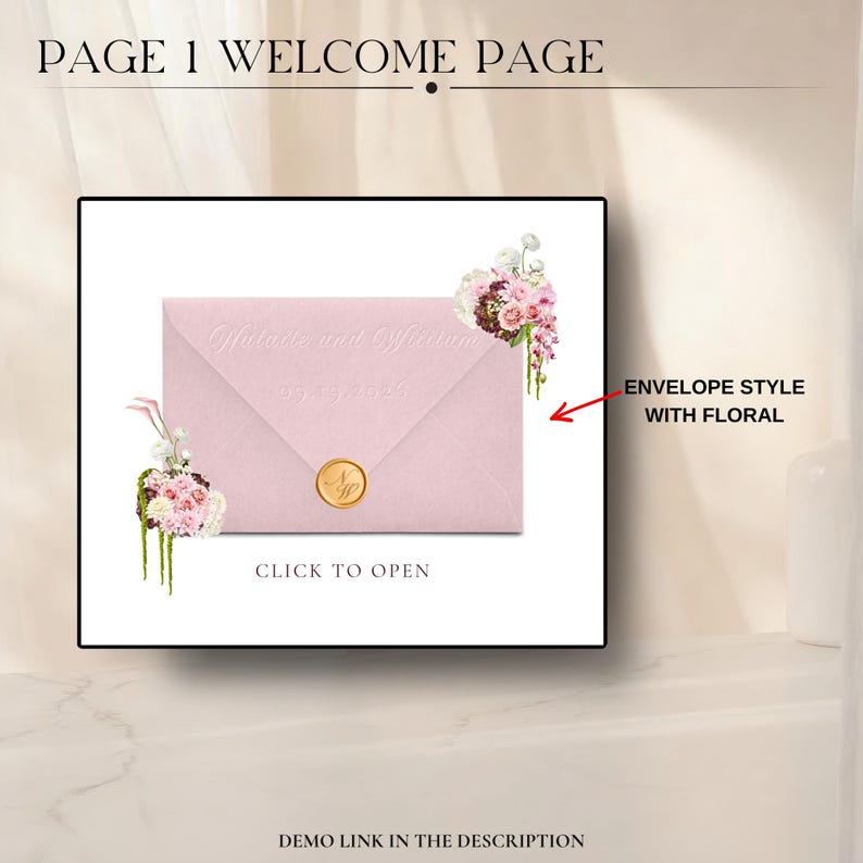 May include: A pale pink envelope with a gold seal and floral decorations. The text "Officiate and Officiant" and "05.19.2026" are embossed on the envelope. The words "CLICK TO OPEN" are at the bottom. The image is labeled "ENVELOPE STYLE WITH FLORAL".