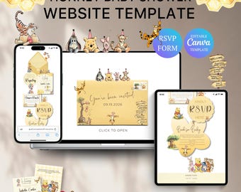 Winnie The Pooh Baby Shower Website with RSVP | Hunny Baby Shower | Editable Canva Template