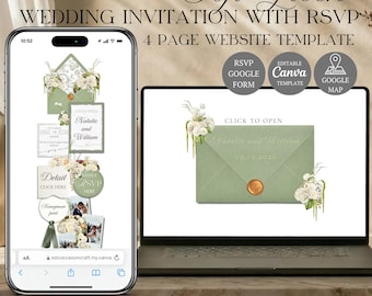 Plantilla web de boda en tonos verdes suaves con confirmación de asistencia / Diseño de invitación editable en Canva (Descarga digital)