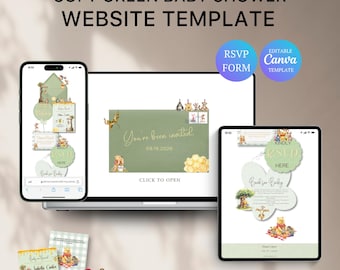 Winnie de Poeh-website voor babyshower met RSVP | Zachtgroen babyshower | Bewerkbare canvassjabloon