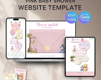 Winnie de Poeh-website voor babyshower met RSVP | Roze babyshower | Bewerkbare canvassjabloon