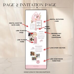 May include: A digital wedding invitation page in pink and white. It includes a digital save the date card, a link to an RSVP form, and a real-time wedding day countdown. The page displays the names "Natalie and William".
