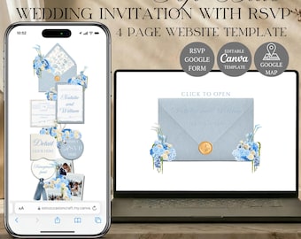 Plantilla web de boda en azul claro con confirmación de asistencia / Diseño de invitación editable en Canva (Descarga digital)
