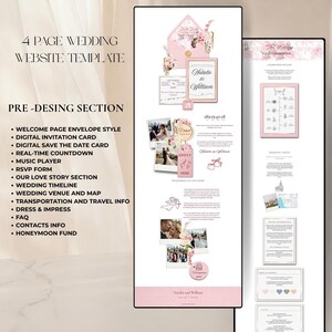 May include: A wedding website template in pink and white, featuring floral accents and the names "Natalie & William". The template includes a welcome page, digital invitation card, save the date card, and wedding timeline. The design is modern and elegant.