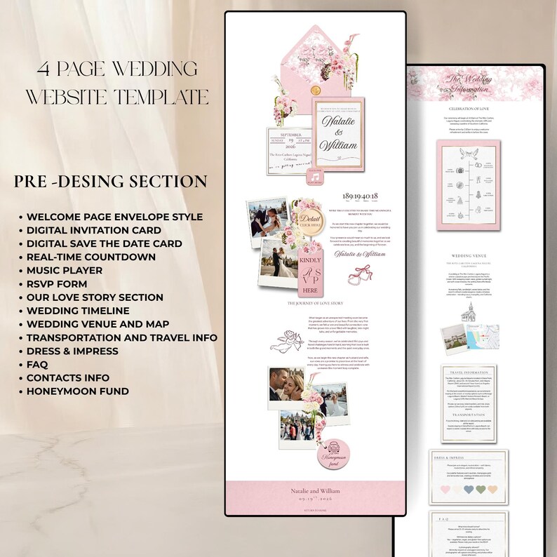 May include: A wedding website template in pink and white, featuring floral accents and the names "Natalie & William". The template includes a welcome page, digital invitation card, save the date card, and wedding timeline. The design is modern and elegant.