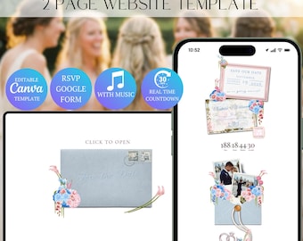 Dusty Blue Pink Save the Date Website Template with RSVP | Editable Canva Invitation Design  (Digital Download)