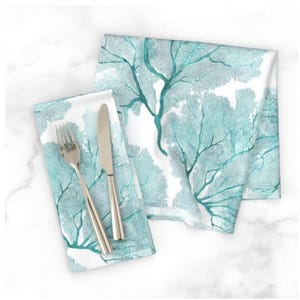 Cloth Napkin, Coastal Sea Fans Aqua Teal, Beach Cotton Twill Linens, Cloth Dinner Napkin, Coastal Home Gift