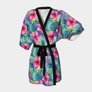 Tropical Pink Hibiscus Flowers Short Kimono Beach Coverup