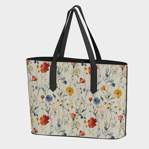 Watercolor Wildflowers Vegan Leather Tote Bag, Bohemian School Tote, Floral Work Bag