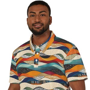 Polo Shirt With Colorful Wavy Striped Hills, Bright Stripes Collared Tee, Multicolor Golf Shirt