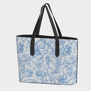 Vintage Blue & White De Jouy Vegan Leather Tote Bag, Pretty School Bag, Stylish Work Tote