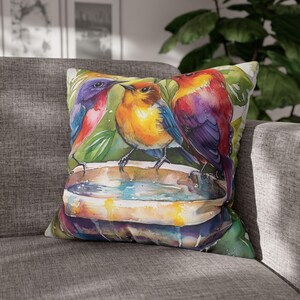 Square Pillow Cover With  Colorful Birds In A Birdbath