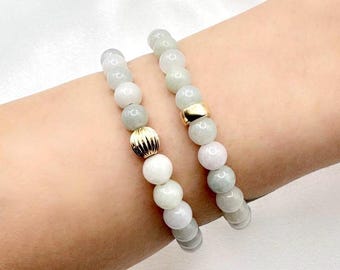 Natural Burmese Jadeite Jade 5.5mm (A Grade) | 14k Gold Filled Light Green White Women's Myanmar Jade Beaded Bracelet |