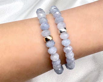 Faceted Rondelle Natural Aquamarine 6x4mm Dainty 14k Gold Filled or 925 Silver- Crystal Beaded Bracelet | Calming, Clarity, Stress Relief