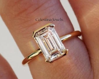 3.00Ct Emerald Cut Moissanite Half Bezel Set Ring, Half Bezel Emerald Solitaire Ring, Promise Ring for Women, 14K Solid Gold Wedding Ring.