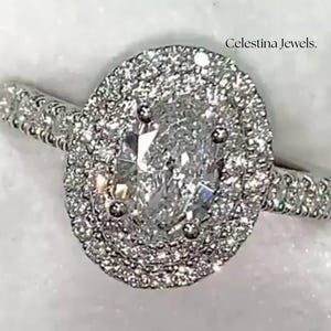 2CT Sparkling Oval Cut Moissanite Ring, Stunning Double Halo Set Ring, Half Eternity Pave Setting Oval Solitaire Dainty Proposal Ring.