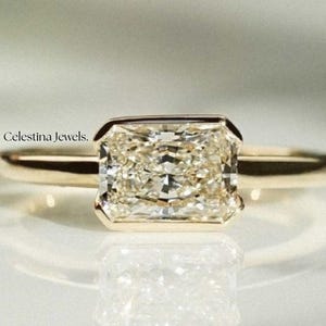 East West Radiant Cut Ring, 3CT Radiant Cut Moissanite Half Bezel Set Engagement Ring, Classic Solitaire 14k Solid Gold Wedding Bridal Ring.