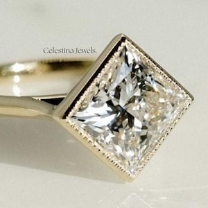 2Ct East West Set Princess Cut Moissanite Engagement Ring, Milgrain Bezel Set Promise Ring, Cathedral Set Princess Solitaire Proposal Ring.