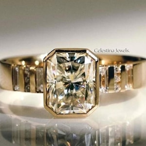 2.50Ct Radiant Cut Moissanite Full Bezel Set Engagement Ring, With Baguette Round Half Bezel Pave Accent 14k Gold Wide Band Wedding Ring.