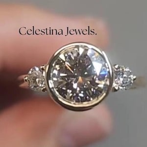 2.5CT Round Cut Moissanite Bezel Set Three Stone Ring, Solid Gold Moissanite Wedding Proposal Ring, Bezel Set Three Stone Anniversary Ring.