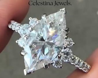 3.5CT Marquise Cut Delicate Bridal Ring, Marquise Solitaire With Round Cut Cluster Set 3/4 Eternity Pave Setting Cathedral Set Wedding Ring.