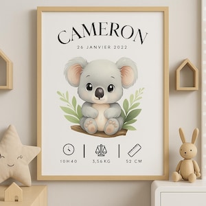 Pôster personalizado de nascimento de bebê com coala – Nome, data, hora, tabela de peso – Decoração de quarto de bebê – Presente de nascimento exclusivo