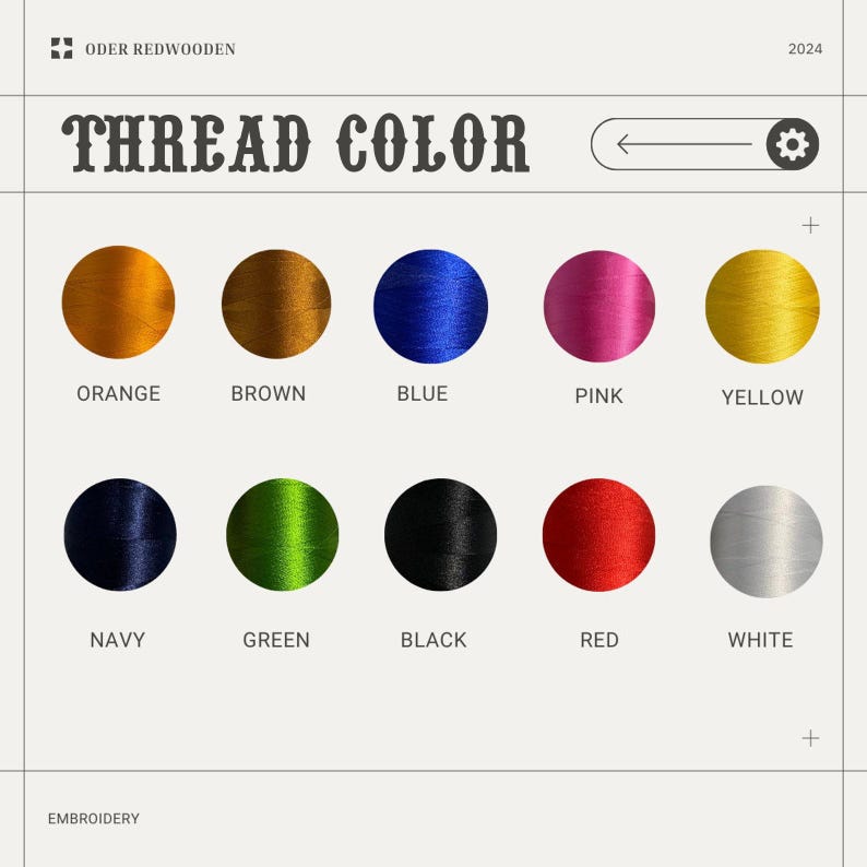 May include: A thread colour chart for embroidery, featuring a range of colours: orange, brown, blue, pink, yellow, navy, green, black, red, and white. The text "THREAD COLOR" is displayed prominently.
