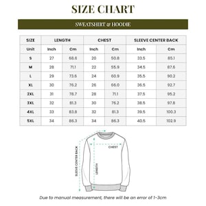 K&ouml;nnte beinhalten: Eine Gr&ouml;&szlig;entabelle f&uuml;r Sweatshirts und Hoodies mit Ma&szlig;en in Zoll und Zentimetern. Die Tabelle umfasst die Gr&ouml;&szlig;en S bis 5XL und gibt die Ma&szlig;e f&uuml;r L&auml;nge, Brust und &Auml;rmelmitte hinten an. Ein Diagramm veranschaulicht die Messpunkte. Der Text unten besagt, dass es aufgrund manueller Messung zu einem Fehler von 1-3 cm kommt.