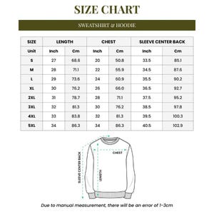 May include: Sweatshirt and hoodie size chart showing measurements in inches and centimetres. Includes size, length, chest, and sleeve center back measurements for sizes S to 5XL. A diagram illustrates measurement points.