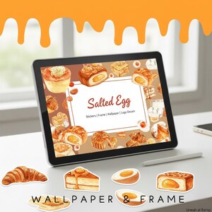May include: A digital tablet displays a watercolor illustration of various pastries with salted egg filling. The text "Salted Egg" is featured, along with the words "Stickers | Frame | Wallpaper | Logo Desain". Below the tablet are stickers of pastries. The words "WALLPAPER & FRAME" are also visible.