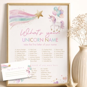 May include: A framed print with a gold border features a unicorn theme. The artwork includes a unicorn illustration, a shooting star, and the text "What's your UNICORN NAME". A smaller card with matching design is also present.