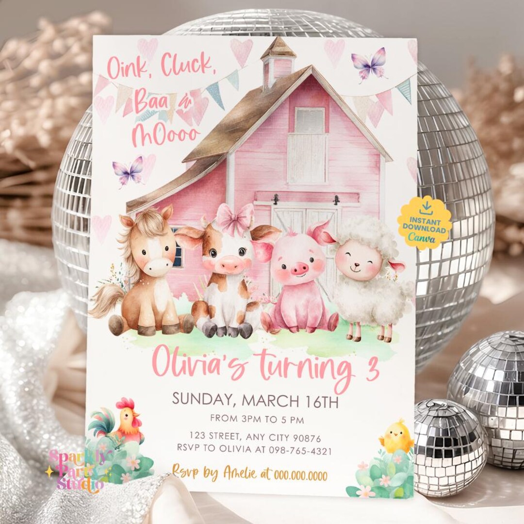 Editable Pink Farm Birthday Invitation, Floral Barnyard Animals Girl ...