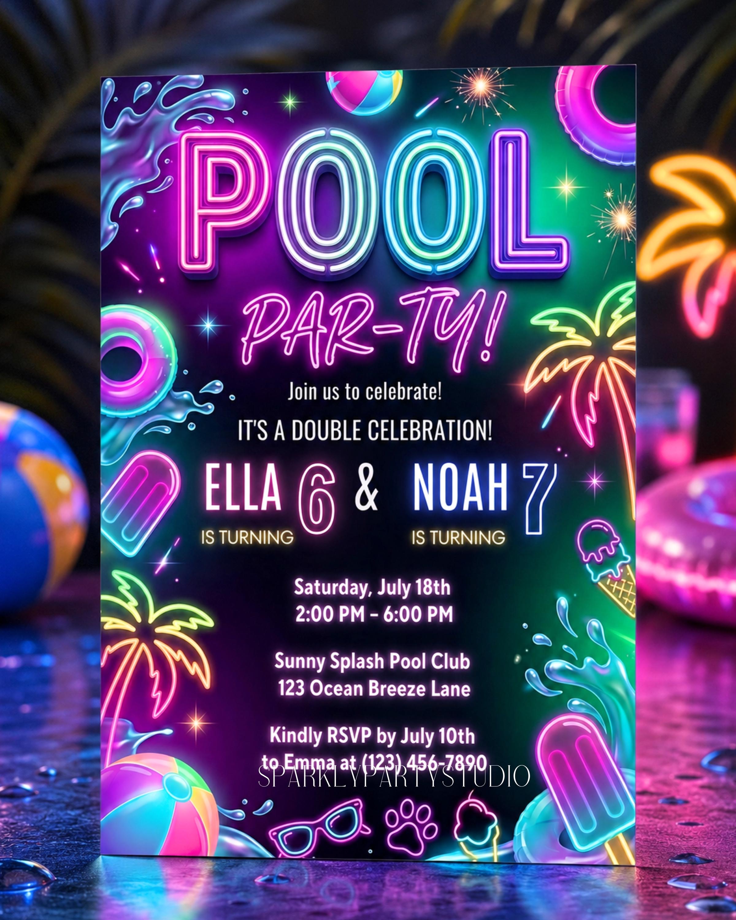 Photo Party Invitations Double Celebration Pool Party Invitation, Neon Birthday Party Invite ...