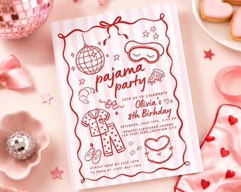 May include: A pink and white pajama party invitation with red line art illustrations of a disco ball, sleep mask, pizza, pajamas, slippers, and cake. The invitation text reads "pajama party" and includes party details.